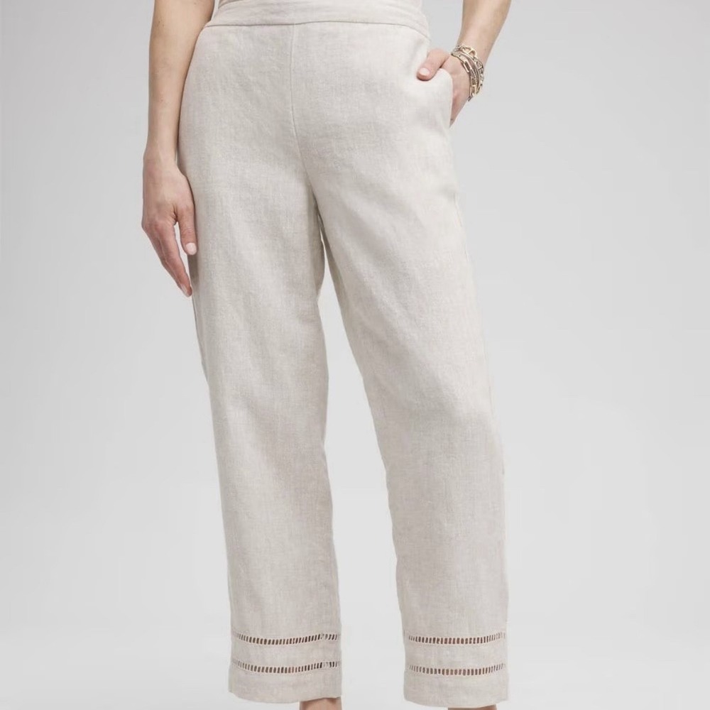 Chico's Women's Beige Pull On 100% Coastal Linen Ladder Trim Cropped Pants Sz 16
